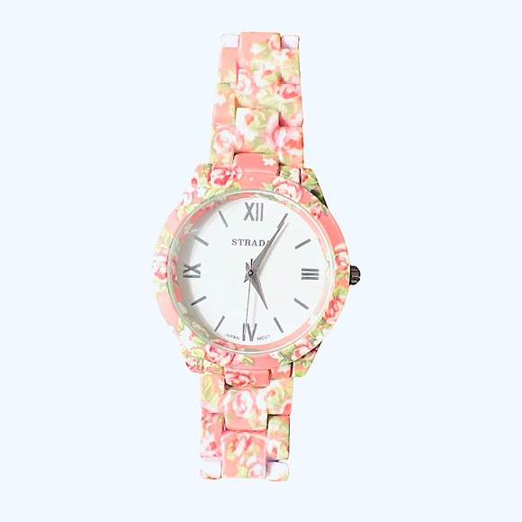 NWOT Strada Pink Flowery Ceramic Watch & 3 Bracelets - Picture 1 of 3